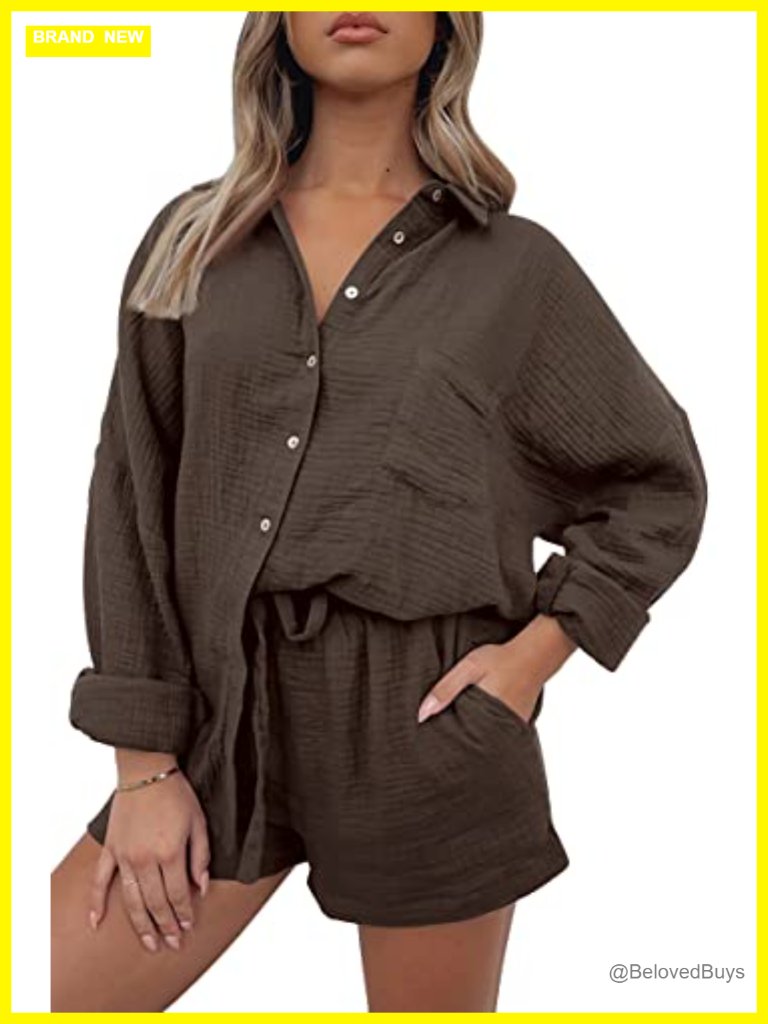 2 Piece Lounge Set, Button Down Top & Shorts, Soft Cotton, Pajama Set